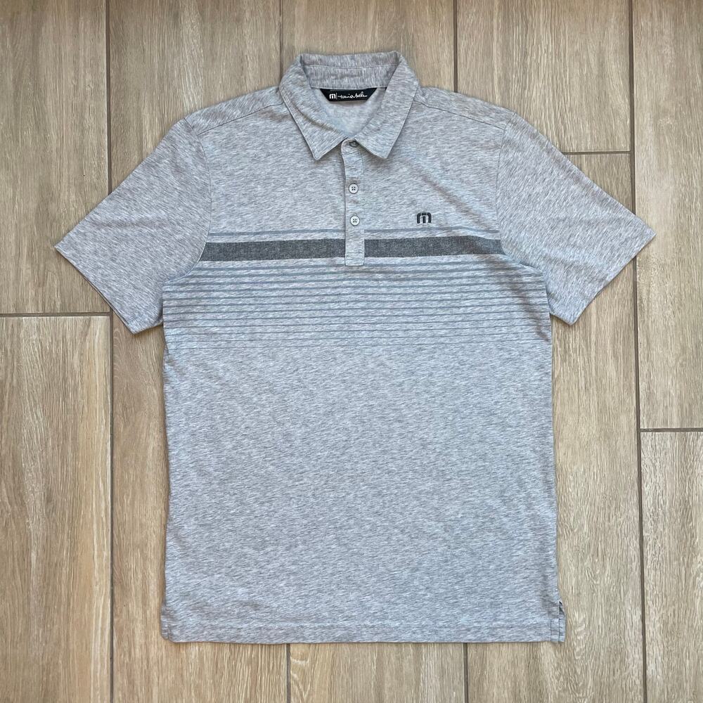 TravisMathew Polo Shirt Men M Gray Stripe Performance Golf Casual Stretch